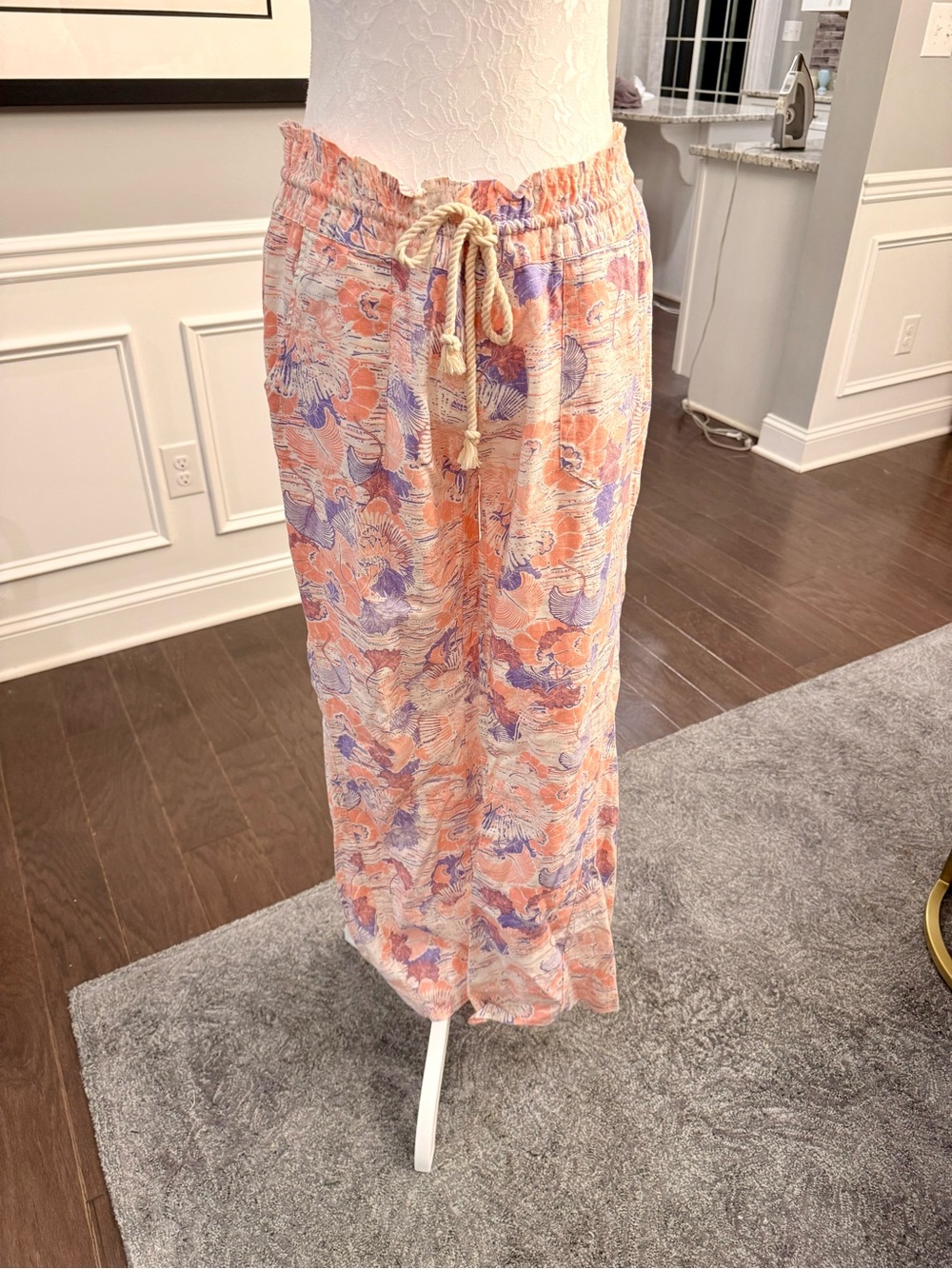 Roxy Linen Blend Wide-Leg Drawstring Pants in Peach, Lavender and Cream